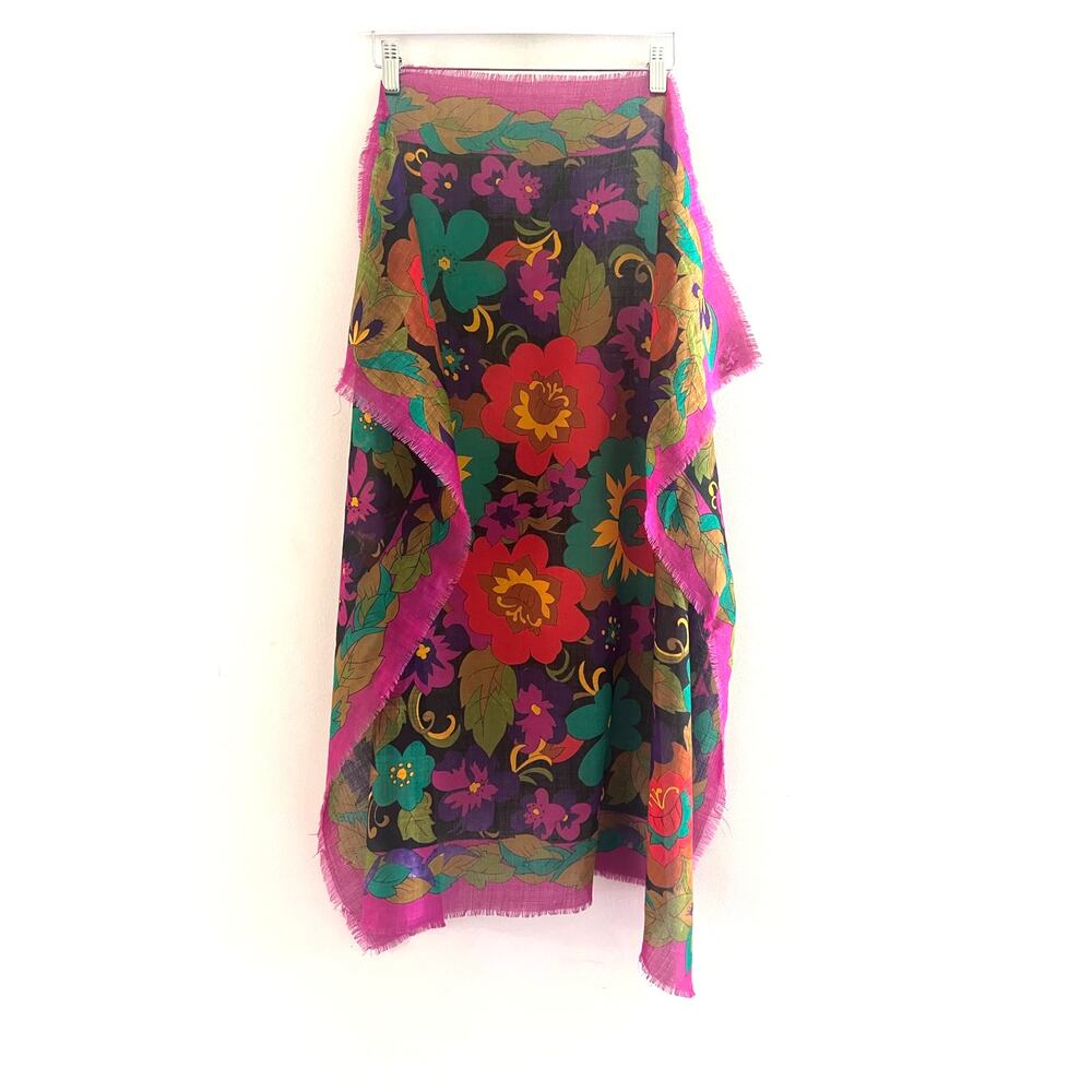 Vintage Retro Wmn's Lightweight Wool Square Scarf Artsy Pink Green 34" x 34" JL